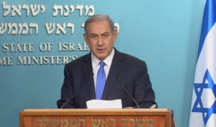Statsminister Benjamin Netanyahu kommenterer atomavtalen med Iran 14. juli 2015. (Skjermdump fra live stream) Statsminister Benjamin Netanyahu kommenterer atomavtalen med Iran 14. juli 2015. (Skjermdump fra live stream)