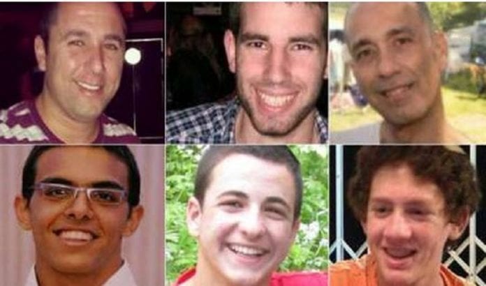 Øverst: Danny Gonen, Malachi Rosenfeld, Baruch Mizrahi. Nederst: Eyal Yifrach, Gilad Shaer og Naftali Frenkel (Foto: I24news) Øverst: Danny Gonen, Malachi Rosenfeld, Baruch Mizrahi. Nederst: Eyal Yifrach, Gilad Shaer og Naftali Frenkel (Foto: I24news)