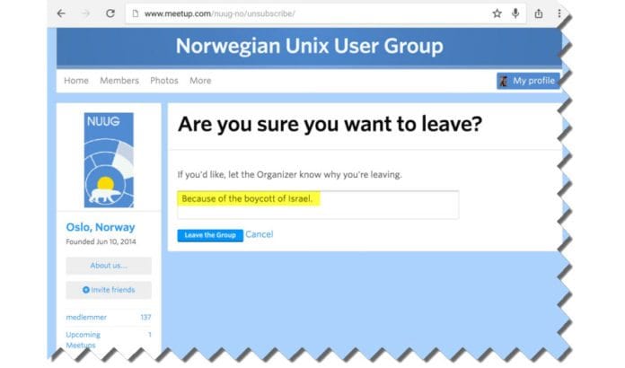 Skjermdump fra privatperson som meldte seg ut av Norwegian UNIX User Group (NUUG) på grunn av deres støtte til filmfestival som boikotter Israel. Skjermdump fra privatperson som meldte seg ut av Norwegian UNIX User Group (NUUG) på grunn av deres støtte til filmfestival som boikotter Israel.