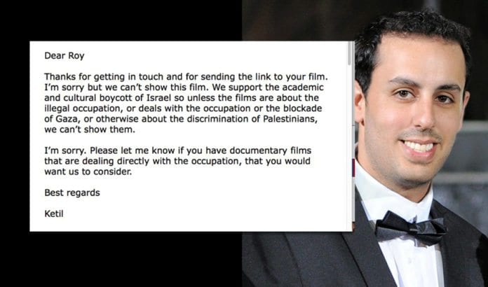 Den israelske filmregissøren Roy Zafrani (t.h.) ble instruert av den norske filmfestivalsjefen hvordan han må lage filmer for å få solgt sin film. (Bilder via Facebook) Den israelske filmregissøren Roy Zafrani (t.h.) ble instruert av den norske filmfestivalsjefen hvordan han må lage filmer for å få solgt sin film. (Bilder via Facebook)