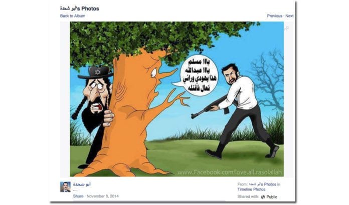Illustrasjonen, som ble delt av en FN-ansatt palestiner i november 2014, viser hva en del palestinere tror på og hva som er nedfelt i Hamas-charteret: På slutten av denne tidsalder skal naturen hjelpe muslimene i å finne jøder slik at de kan drepes. (Skjermdump via UN Watch) Illustrasjonen, som ble delt av en FN-ansatt palestiner i november 2014, viser hva en del palestinere tror på og hva som er nedfelt i Hamas-charteret: På slutten av denne tidsalder skal naturen hjelpe muslimene i å finne jøder slik at de kan drepes. (Skjermdump via UN Watch)
