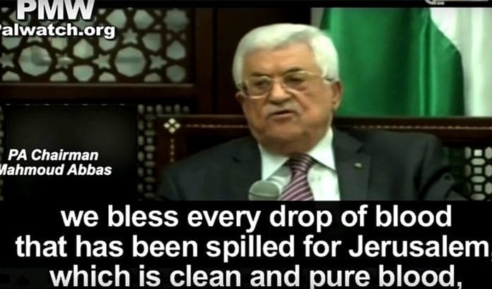 Palestinernes president Mahmoud Abbas på PA TV onsdag 16. september 2015. (Foto: Skjermdump fra YouTube / PMW)