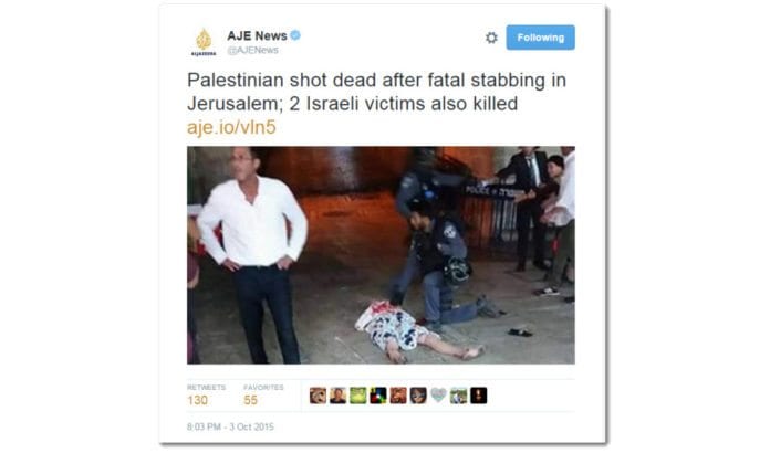 Skjermdump av tweeten som Al Jazeera beklaget. NRKs overskrift i åpning av Kveldsnytt 3. oktober var enda mer ensidig. Skjermdump av tweeten som Al Jazeera beklaget. NRKs overskrift i åpning av Kveldsnytt 3. oktober var enda mer ensidig.