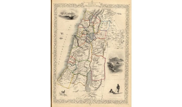 Kart over det geografiske området Palestina fra 1851. Kartet viser de daværende regioninndelingene som det osmanske riket hadde i området. Området ble styrt fra Istanbul. (Foto: Wikimedia Commons) Kart over det geografiske området Palestina fra 1851. Kartet viser de daværende regioninndelingene som det osmanske riket hadde i området. Området ble styrt fra Istanbul. (Foto: Wikimedia Commons)