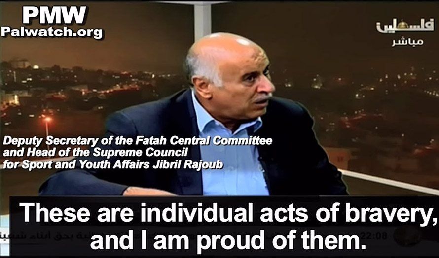 PA-topp Jibril Rajoub sier på TV at han er stolt av terroristene som har knivstukket, skutt og kjørt ned israelere i høst. (Foto: Skjermdump fra PMW / YouTube)