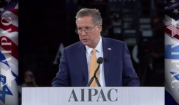 John Kasich talte på AIPAC-konferansen mandag 21. mars. (Foto: Skjermdump fra AIPACs videooverføring) John Kasich talte på AIPAC-konferansen mandag 21. mars. (Foto: Skjermdump fra AIPACs videooverføring)