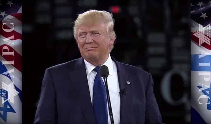 Donald Trump talte på AIPAC-konferansen mandag 21. mars. (Foto: Skjermdump fra AIPACs videooverføring. Donald Trump talte på AIPAC-konferansen mandag 21. mars. (Foto: Skjermdump fra AIPACs videooverføring.