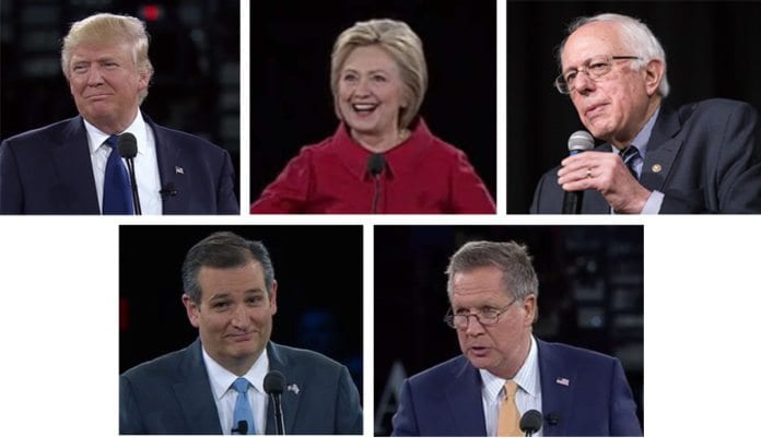 Fra venstre: De amerikanske presidentkandidatene Donald Trump, Hillary Clinton, Bernie Sanders, Ted Cruz og John Kasich. (Foto: Skjermdump fra AIPAC / YouTube ogt Phil Roeder / Flickr.com / CC) Fra venstre: De amerikanske presidentkandidatene Donald Trump, Hillary Clinton, Bernie Sanders, Ted Cruz og John Kasich. (Foto: Skjermdump fra AIPAC / YouTube ogt Phil Roeder / Flickr.com / CC)