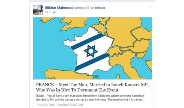Muslimsk menighetsforstander og daværende Høyre-politiker Iftikhar Mahmood delte denne antisemittiske posten på sin Facebook-profil. Han skal ha delt poster med lignende innhold flere ganger tidligere. (Foto: Skjermdump fra Facebook via Muslimsk menighetsforstander og daværende Høyre-politiker Iftikhar Mahmood delte denne antisemittiske posten på sin Facebook-profil. Han skal ha delt poster med lignende innhold flere ganger tidligere. (Foto: Skjermdump)