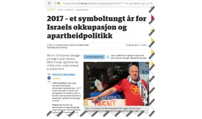 Pål A.H. Christiansen ser mye galt med Israel, men ikke i å posere med en kommunistisk t-skjorte. (Foto: Faksimile Fredrikstad Blad) Pål A.H. Christiansen ser mye galt med Israel, men ikke i å posere med en kommunistisk t-skjorte. (Foto: Faksimile Fredrikstad Blad)