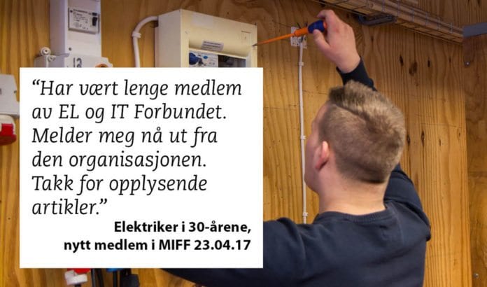En elektriker melder seg ut av EL og IT Forbundet og inn i MIFF. (Illustrasjonsfoto: Charlotta Wasteson, flickr) En elektriker melder seg ut av EL og IT Forbundet og inn i MIFF. (Illustrasjonsfoto: Charlotta Wasteson, flickr)