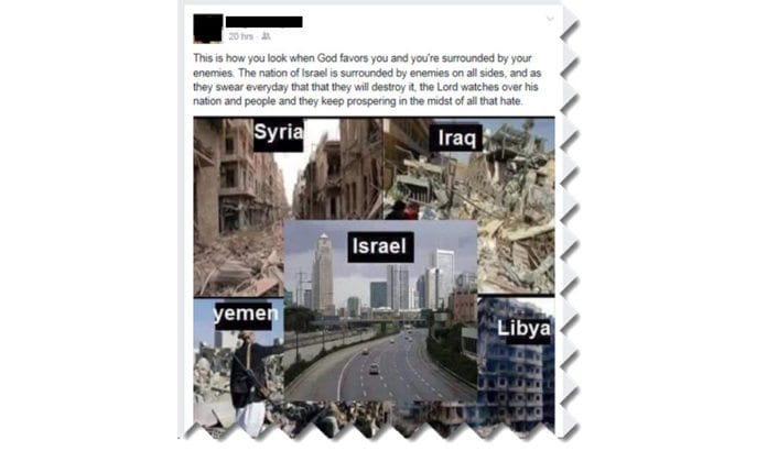 Høsten 2016 delte den statsansatte Israel-vennen dette bildet med sine Facebook-venner. En kollega meldte innlegget til overordnede, og den statsansatte følte seg tvunget til å slette det. Høsten 2016 delte den statsansatte Israel-vennen dette bildet med sine Facebook-venner. En kollega meldte innlegget til overordnede, og den statsansatte følte seg tvunget til å slette det.