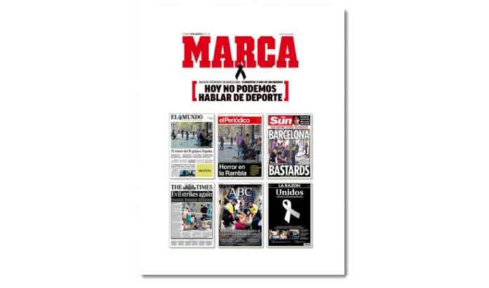 Etter terrorangrepet i Barcelona skrev den spanske sportsavisen Marca på forsiden: «I dag kan vi ikke snakke om sport». Illustrasjonen var forsidene til seks andre aviser som dekket terrorangrepet. (Faksmile: Marca) Etter terrorangrepet i Barcelona skrev den spanske sportsavisen Marca på forsiden: «I dag kan vi ikke snakke om sport». Illustrasjonen var forsidene til seks andre aviser som dekket terrorangrepet. (Faksmile: Marca)