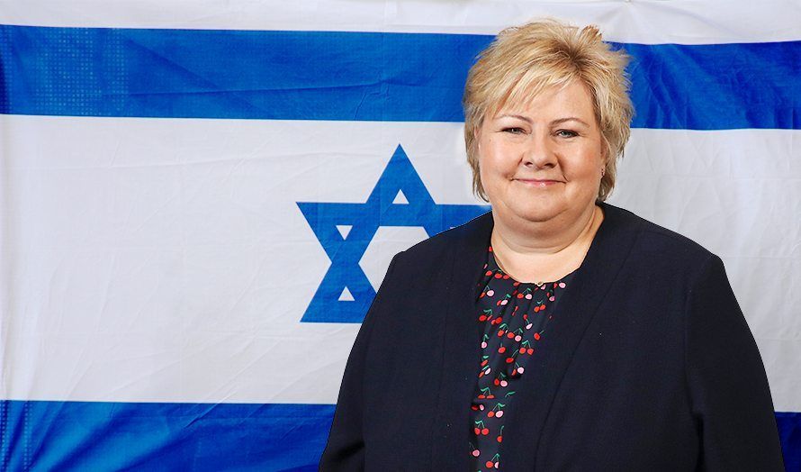Erna Solberg. (Foto: Human-Etisk Forbund, flickr/ flagg: Zachi Evenor, flickr/ montasje: ShaperMedia.se)
