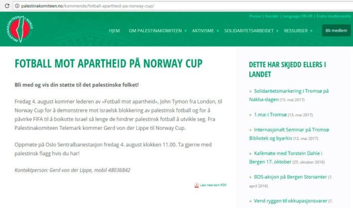 Slik var Palestinakomiteens plan. Etter at MIFF satte fokus på saken har Norway Cup stanset planene. (Skjermdump fra Palestinakomiteen.no kl. 11.00 onsdag 2. august 2017) Slik var Palestinakomiteens plan. Etter at MIFF satte fokus på saken har Norway Cup stanset planene. (Skjermdump fra Palestinakomiteen.no kl. 11.00 onsdag 2. august 2017)