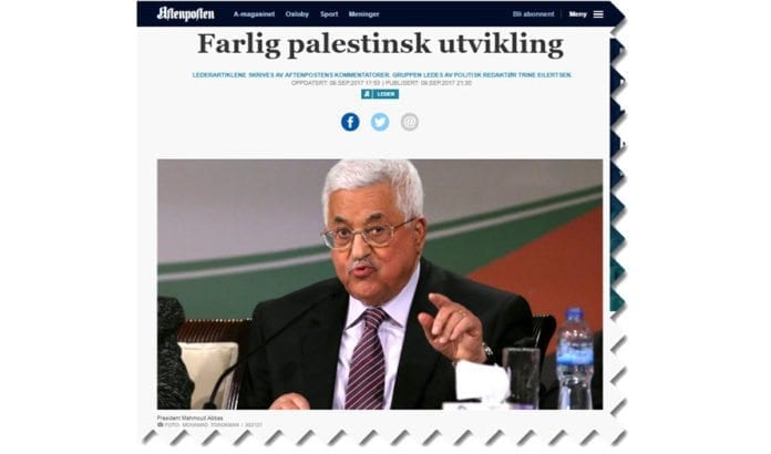 2017-09-11_10-16-02 I en lederartikkel kritiserer Aftenposten de palestinske selvstyremyndighetene og mener Norge bør legge press på dem. (Foto: Faksimile Aftenposten)