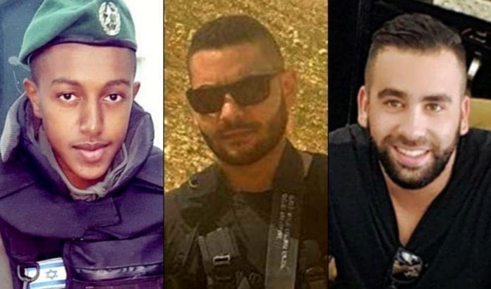 Politimannen Solomon Gavriyah (20) og sikkerhetsvaktene Youssef Ottman (25) og Or Arish (25) ble drept i terrorangrepet 26. september. (Foto: Privat) Politimannen Solomon Gavriyah (20) og sikkerhetsvaktene Youssef Ottman (25) og Or Arish (25) ble drept i terrorangrepet 26. september. (Foto: Privat)