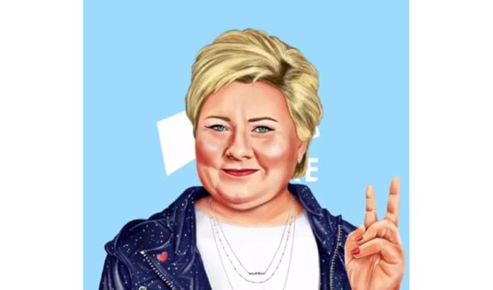 Den israelske kunstneren Amit Shimonis tegning av Erna Solberg var synlig i mange kanaler i Høyres valgkamp i 2017. Her er skjermdump fra Høyres Instagram-konto. Den israelske kunstneren Amit Shimonis tegning av Erna Solberg var synlig i mange kanaler i Høyres valgkamp i 2017. Her er skjermdump fra Høyres Instagram-konto.