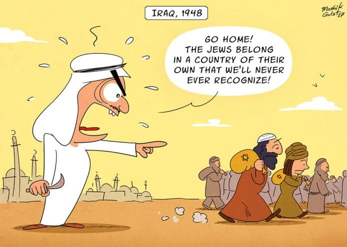 Jødene ble jaget og presset ut av Irak og andre arabiske land etter 1948. En minoritet på opptil 2 prosent er blitt presset sammen i Israel, på et areal som er mindre enn 0,2 prosent av arealet til de arabiske landene. Jødene ble jaget og presset ut av Irak og andre arabiske land etter 1948. En minoritet på opptil 2 prosent er blitt presset sammen i Israel, på et areal som er mindre enn 0,2 prosent av arealet til de arabiske landene.