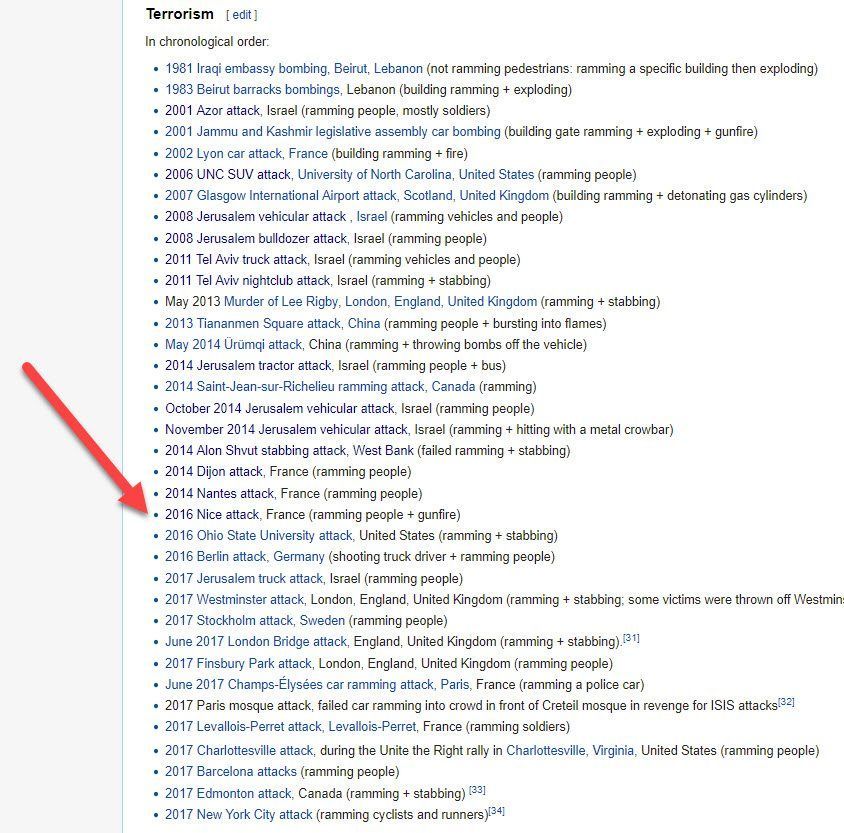 Var det i Nice vi først så kjøretøy-angrep mot "myke mål", slik NRK Kveldsnytt hevdet? (Skjermdump fra Wikipedia)