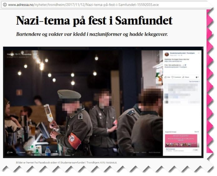 Skjermdump fra Adressa.no viser at Studentsamfundet publiserte bilder fra nazifesten på sin egen offisielle Facebook-side. Skjermdump fra Adressa.no viser at Studentsamfundet publiserte bilder fra nazifesten på sin egen offisielle Facebook-side.