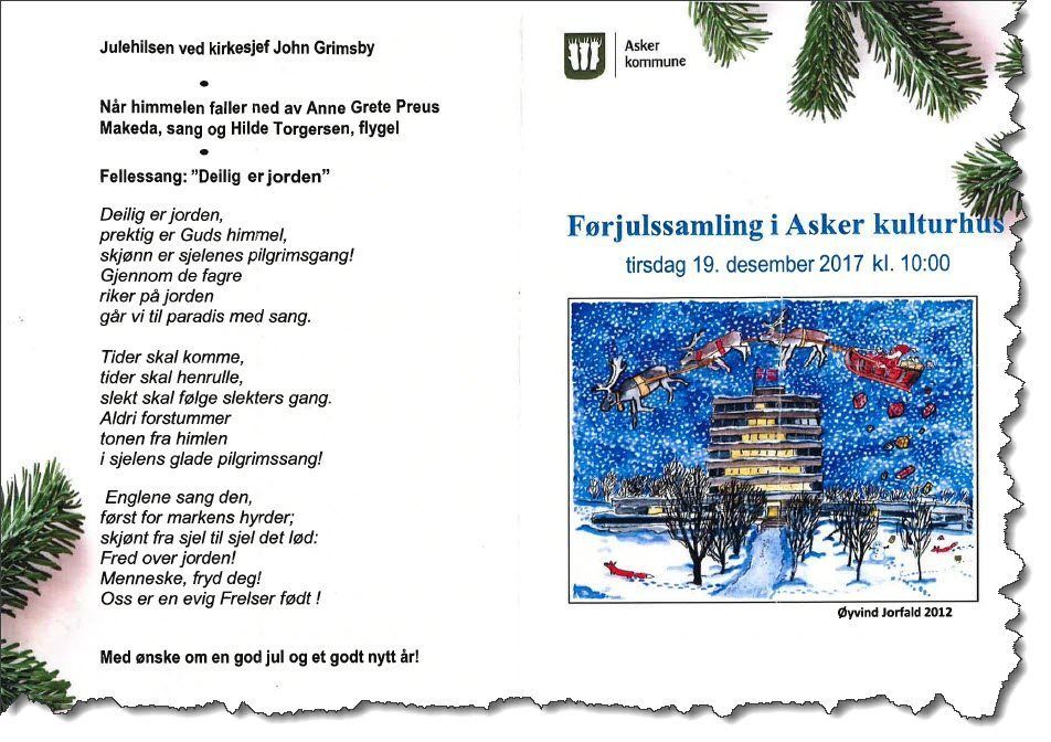 Forsiden og baksiden til programarket for førjulssamlingen for ansatte i Asker kommune. (Faksmile)