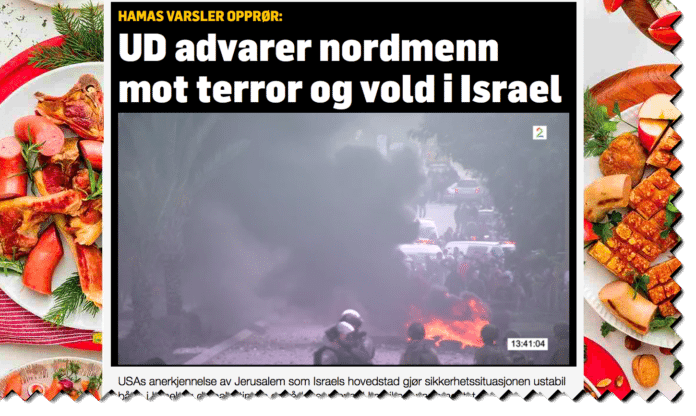 TV2 Nyhetene fake news-ramme TV2 skaper falske nyheter ved å knytte en fersk Hamas-trussel opp mot et gammelt og generelt reiseråd fra UD. (Foto: Skjermdump TV2)