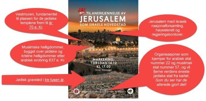 Skjermdump av plakat for demonstrasjon i Oslo 14. desember 2017, med MIFFs kommentarer innlagt i rødt. Skjermdump av plakat for demonstrasjon i Oslo 14. desember 2017, med MIFFs kommentarer innlagt i rødt.