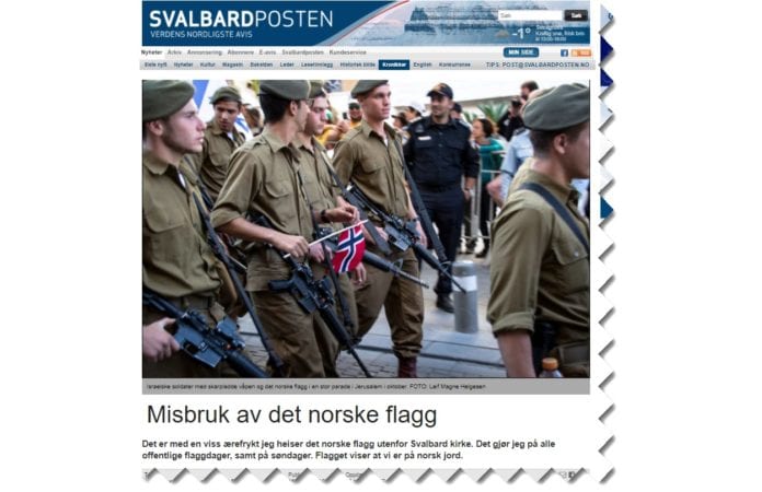 Soknepresten på Svalbard liker ikke å se israelske soldater med norske flagg. (Skjermdump fra svalbardposten.no.) Soknepresten på Svalbard liker ikke å se israelske soldater med norske flagg. (Skjermdump fra svalbardposten.no.)