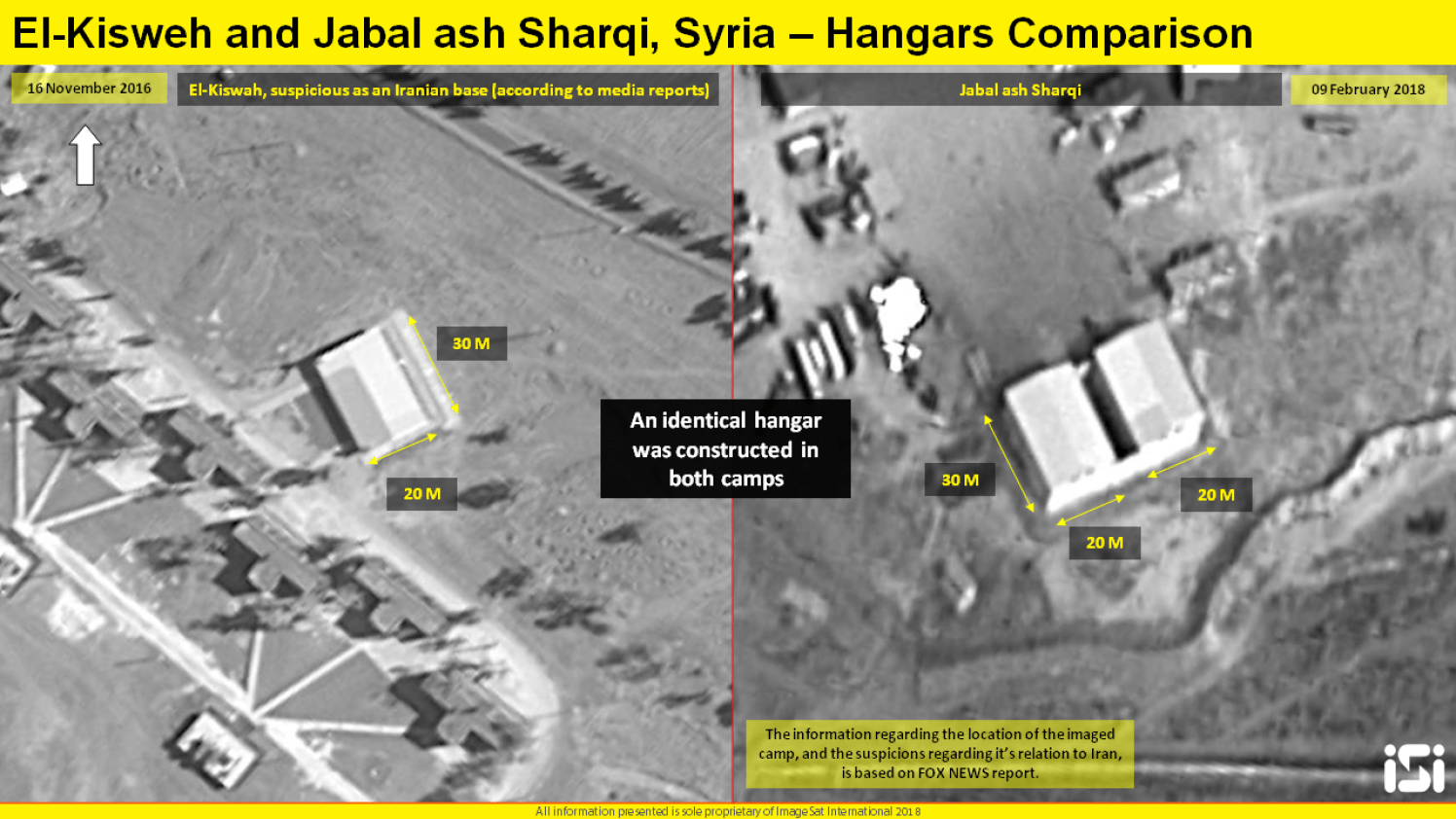 Satellittbildene viser at bygningene er identiske med andre andre iranske baser i Syria. (Foto: ImageSat)