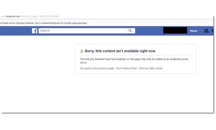 Prøver du å gå inn på Feminine Trippers Facebook-side fra Israel blir du avvist med en slik melding. (Skjermdump) Prøver du å gå inn på Feminine Trippers Facebook-side fra Israel blir du avvist med en slik melding. (Skjermdump)