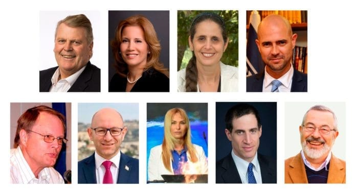 Stortingsrepresentant Hans Fredrik Grøvan (oppe fra venstre), Knesset-medlem Aliza Lavie, Knesset-medlem Anat Berko, Knesset-medlem Amir Ohana, Olav Vidar Landsverk, Arsen Ostrovsky, Anan Falah, David Abrams og Jan Benjamin Rødner holder foredrag på Israelkonferansen. Stortingsrepresentant Hans Fredrik Grøvan (oppe fra venstre), Knesset-medlem Aliza Lavie, Knesset-medlem Anat Berko, Knesset-medlem Amir Ohana, Olav Vidar Landsverk, Arsen Ostrovsky, Anan Falah, David Abrams og Jan Benjamin Rødner holder foredrag på Israelkonferansen.
