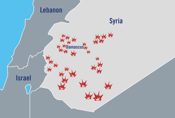 IDF_angrep_illustrasjon Det israelske forsvaret har publisert denne illustrasjonen, som viser hvor de har angrepet iranske posisjoner i Syria.