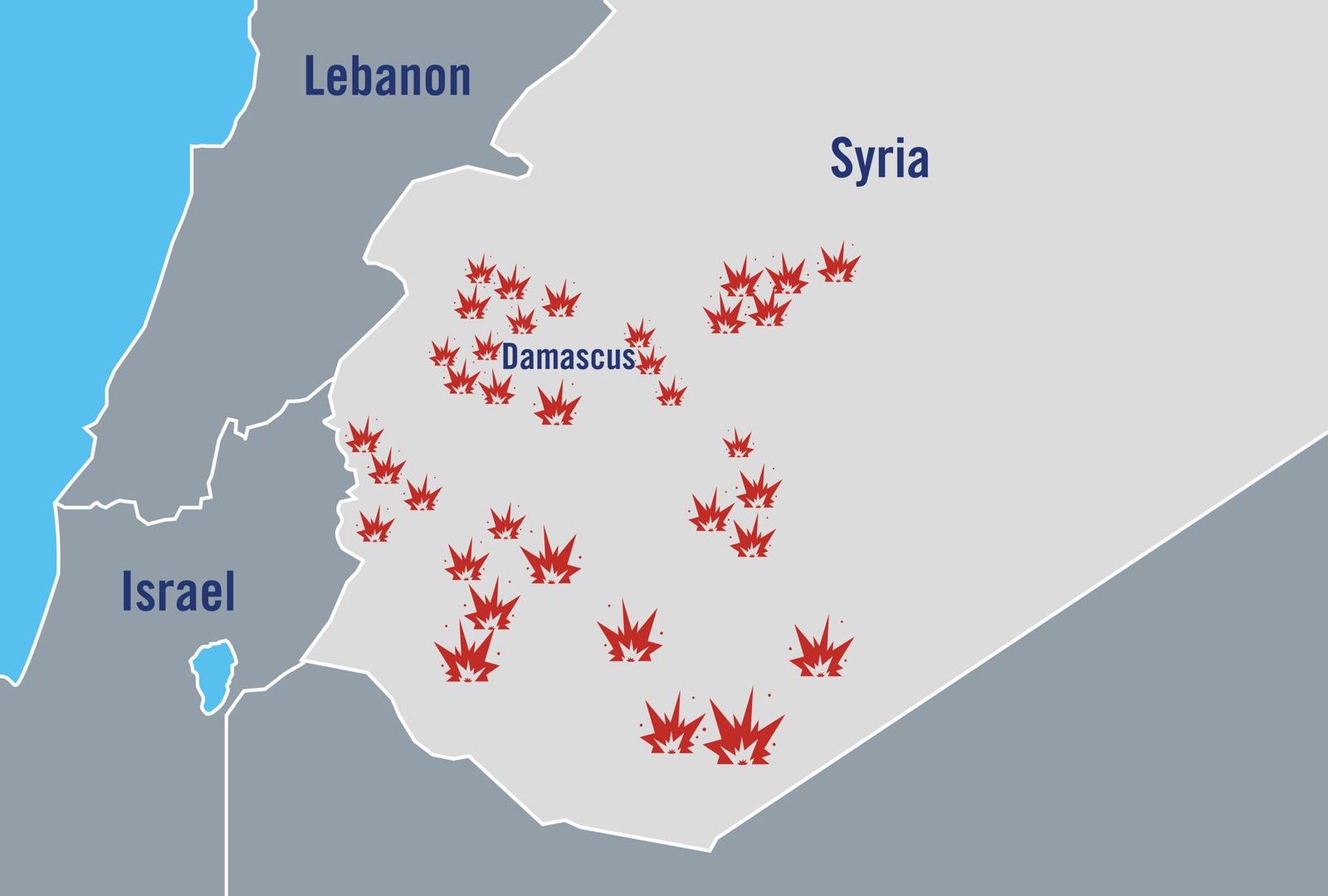 Det israelske forsvaret har publisert denne illustrasjonen, som viser hvor de har angrepet iranske posisjoner i Syria.