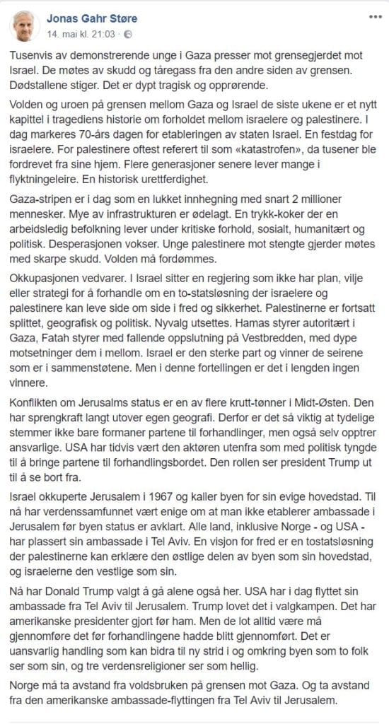 Dette skrev Jonas Gahr Støre på Facebook mandag 14. mai. (Skjermdump fra Facebook)