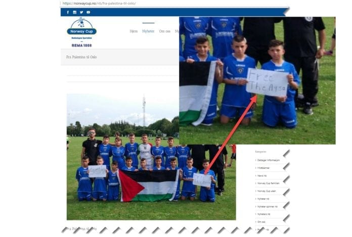 «The Football Academy of Jerusalem» bruker lagbildet på Norway Cups nettside til politisk markering. (Skjermdump fra norwaycup.no med forstørrelse av plakaten innfelt) «The Football Academy of Jerusalem» bruker lagbildet på Norway Cups nettside til politisk markering. (Skjermdump fra norwaycup.no med forstørrelse av plakaten innfelt)