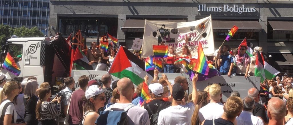 Det manglet ikke palestinske flagg i Pride-paraden. (Foto: Privat)