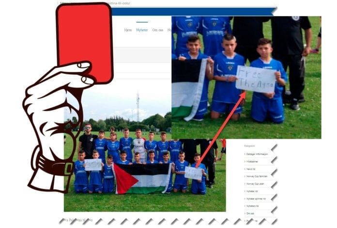 «The Football Academy of Jerusalem» får rødt kort fra Norway Cup etter at de brukte lagbildet på Norway Cups nettside til politisk markering. (Montasje: MIFF) «The Football Academy of Jerusalem» får rødt kort fra Norway Cup etter at de brukte lagbildet på Norway Cups nettside til politisk markering. (Montasje: MIFF)