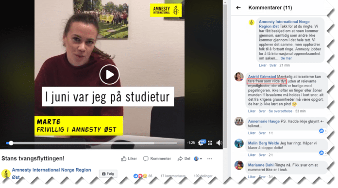 Israelere demoniseres som «ville dyr» på Facebook-siden til Amnesty International Norge Region Øst. (Skjermdump) Israelere demoniseres som «ville dyr» på Facebook-siden til Amnesty International Norge Region Øst. (Skjermdump)