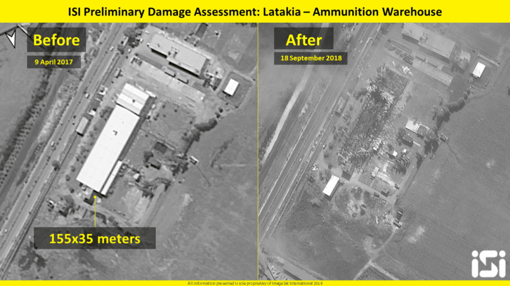 Satelittbilder viser skadene som det israelske angrepet forårsaket på militæranlegget nær Latakia. (Foto: ImageSat International)