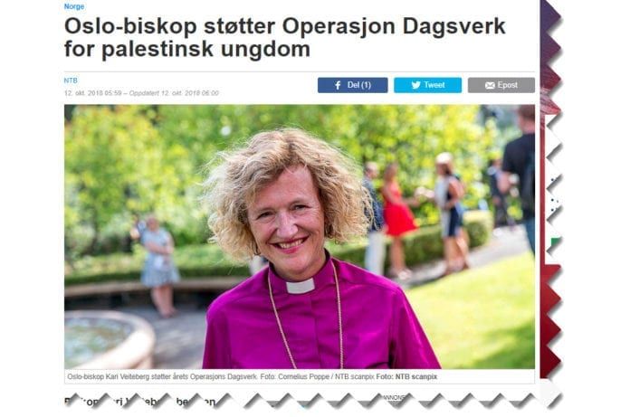 Oslo-biskop Kari Veiteberg vil at norske skolebarn skal jobbe til inntekt for organisasjoner som kjemper for en framtid der Israel blir borte. (Skjermdump fra abcnyheter.no) Oslo-biskop Kari Veiteberg vil at norske skolebarn skal jobbe til inntekt for organisasjoner som kjemper for en framtid der Israel blir borte. (Skjermdump fra abcnyheter.no)