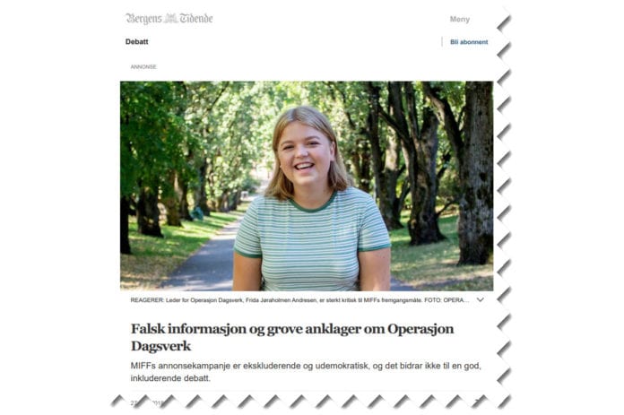 Etter at MIFF hadde en helsides annonse i Bergens Tidende og andre store aviser lørdag 27. oktober, fikk OD-lederen svare i et leserinnlegg på bt.no samme kveld. (Skjermdump fra bt.no) Etter at MIFF hadde en helsides annonse i Bergens Tidende og andre store aviser lørdag 27. oktober, fikk OD-lederen svare i et leserinnlegg på bt.no samme kveld. (Skjermdump fra bt.no)