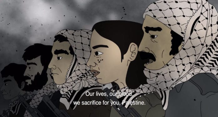 Skjermdump fra den norske barnefilmen Tårnet, hvor palestinernes terrorkrig mot israelere blir framstilt som noe heltemodig og «magisk». Skjermdump fra den norske barnefilmen Tårnet, hvor palestinernes terrorkrig mot israelere blir framstilt som noe heltemodig og «magisk».