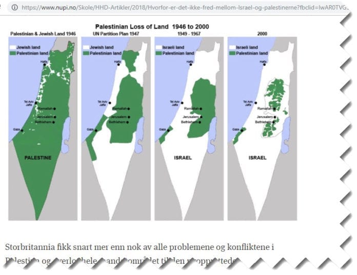 Som illustrasjon til en artikkel har NUPI brukt fire kart som hevder å fremstille «palestinernes tap av land fra 1946 til 2000». Det er kart som lyver. (Skjermdump fra nupi.no/Skole/) Som illustrasjon til en artikkel har NUPI brukt fire kart som hevder å fremstille «palestinernes tap av land fra 1946 til 2000». Det er kart som lyver. (Skjermdump fra nupi.no/Skole/)