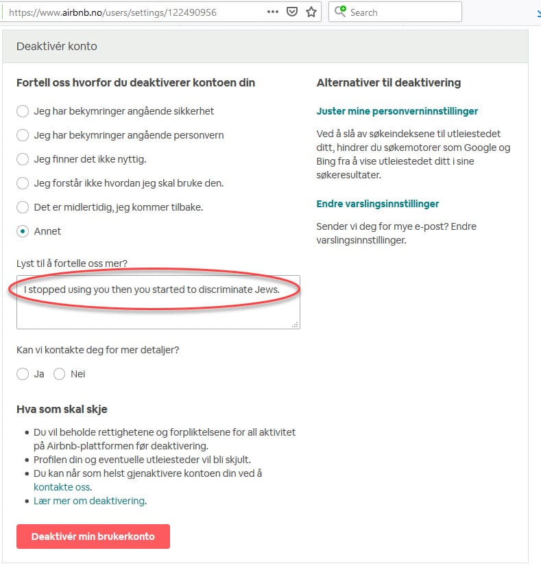 Skjermdump fra da Conrad Myrland, daglig leder i MIFF, deaktiverte sin AirBnB-konto.