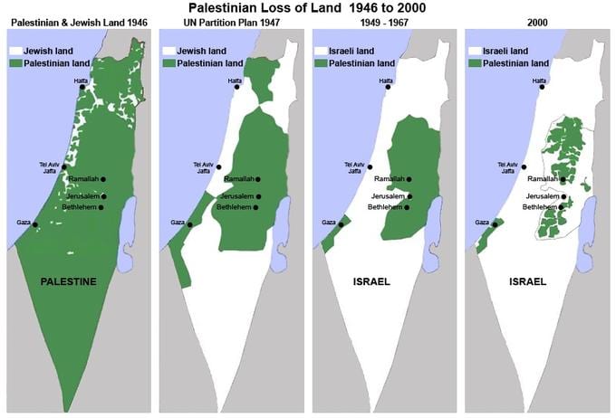 Disse kartene er omstridte og illustrerer verken staten Palestina (denne eksisterer ikke) eller palestinerne og israelernes eiendomsrett til land. De er en illustrasjon på hvordan området palestinerne har bodd på, gradvis har blitt mindre – fra britenes mandat over området og frem til år 2000.