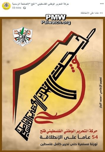 "Vår revolusjon fortsetter inntil hele Palestina er frigjort" (Fra Fatahs Facebook-side desember 2018)