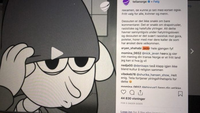 Skjermdump fra Telias Instagram-konto. De som forsvarer Telias reklamefilm blir anklaget for å være «jøder alle sammen». Skjermdump fra Telias Instagram-konto. De som forsvarer Telias reklamefilm blir anklaget for å være «jøder alle sammen».