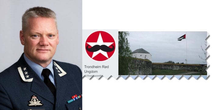 Rune Gaustad, sjef ved Luftkrigsskolen og kommandant ved Kristiansten festning og skjermdump fra Facebook-siden til Trondheim Rød Ungdom. (Foto: Forsvaret/ Trondheim Rød Ungdom) Rune Gaustad, sjef ved Luftkrigsskolen og kommandant ved Kristiansten festning og skjermdump fra Facebook-siden til Trondheim Rød Ungdom. (Foto: Forsvaret/ Trondheim Rød Ungdom)