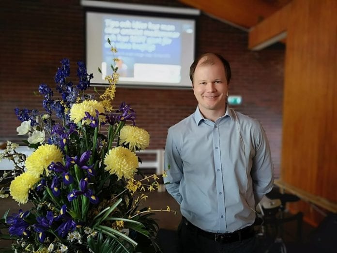 Conrad Myrland, daglig leder i Med Israel for fred (MIFF), talte på årsmøtet til Vänskapsförbundet Sverige Israel søndag 19. mai 2019. (Foto: MIFF)